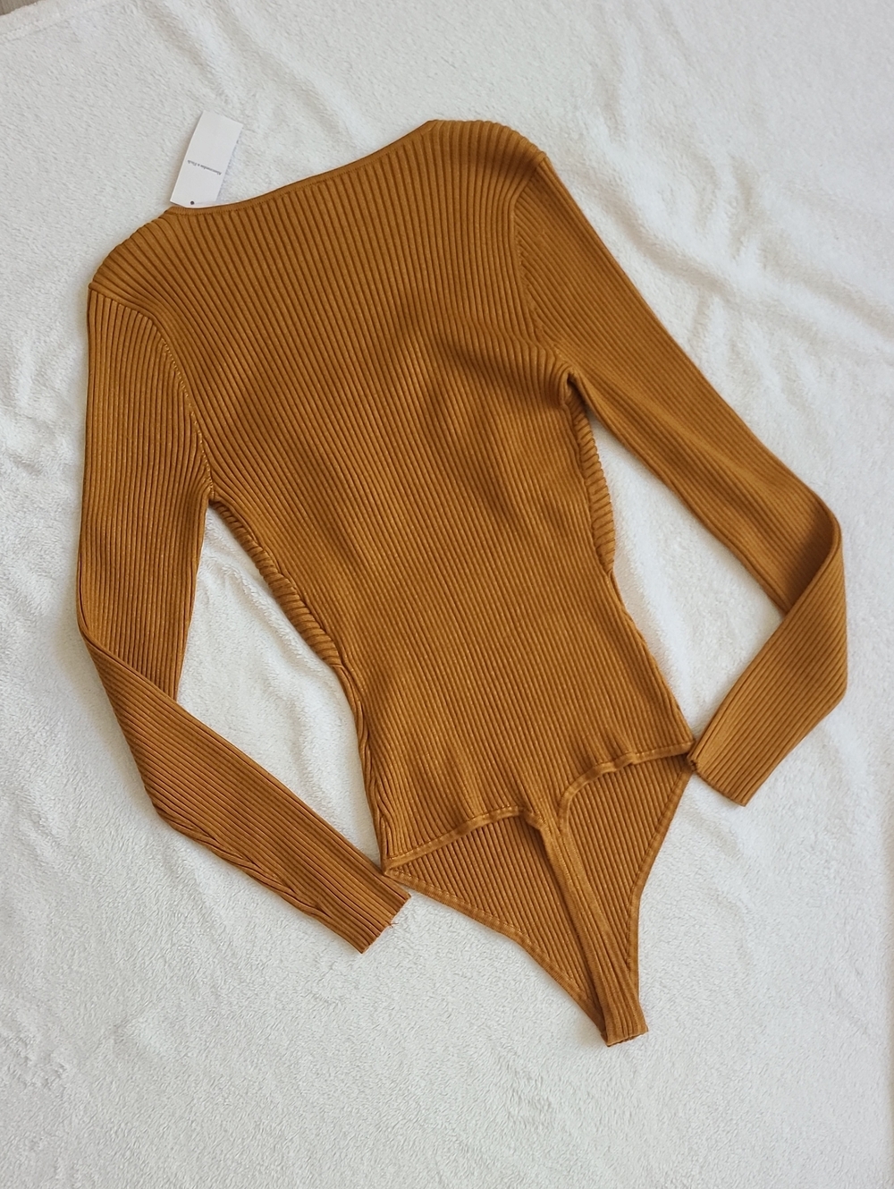 Abercrombie NEW Ribbed Square Neck Long Sleeve Bodysuit Mustard Yellow Lar Knit - Picture 5 of 5